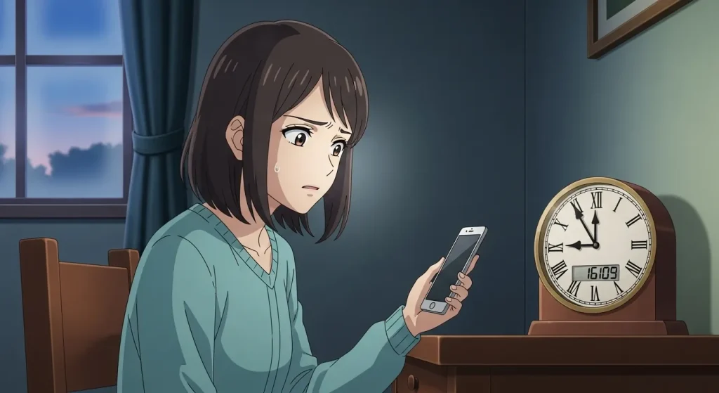 喧嘩後にスマホを見ながら時間を気にして悩む女性のイラスト｜無視が続く不安と期間のイメージ