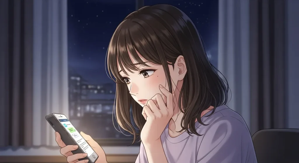 夜にスマートフォンを見ながら彼氏の気持ちを不安そうに考える女性のアニメイラスト