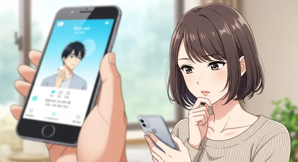 会う約束をはぐらかす男が脈ありか脈なしか見分けようとする女性のイラスト。スマートフォンの連絡先画面を見ながら考えている様子