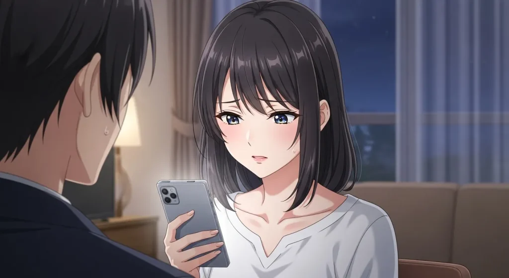 スマートフォンを見ながら日にちを決めない男性の心理を考える男女のイラスト