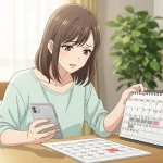 スマートフォンとカレンダーを見ながら会う日が決まらず悩む女性のイラスト