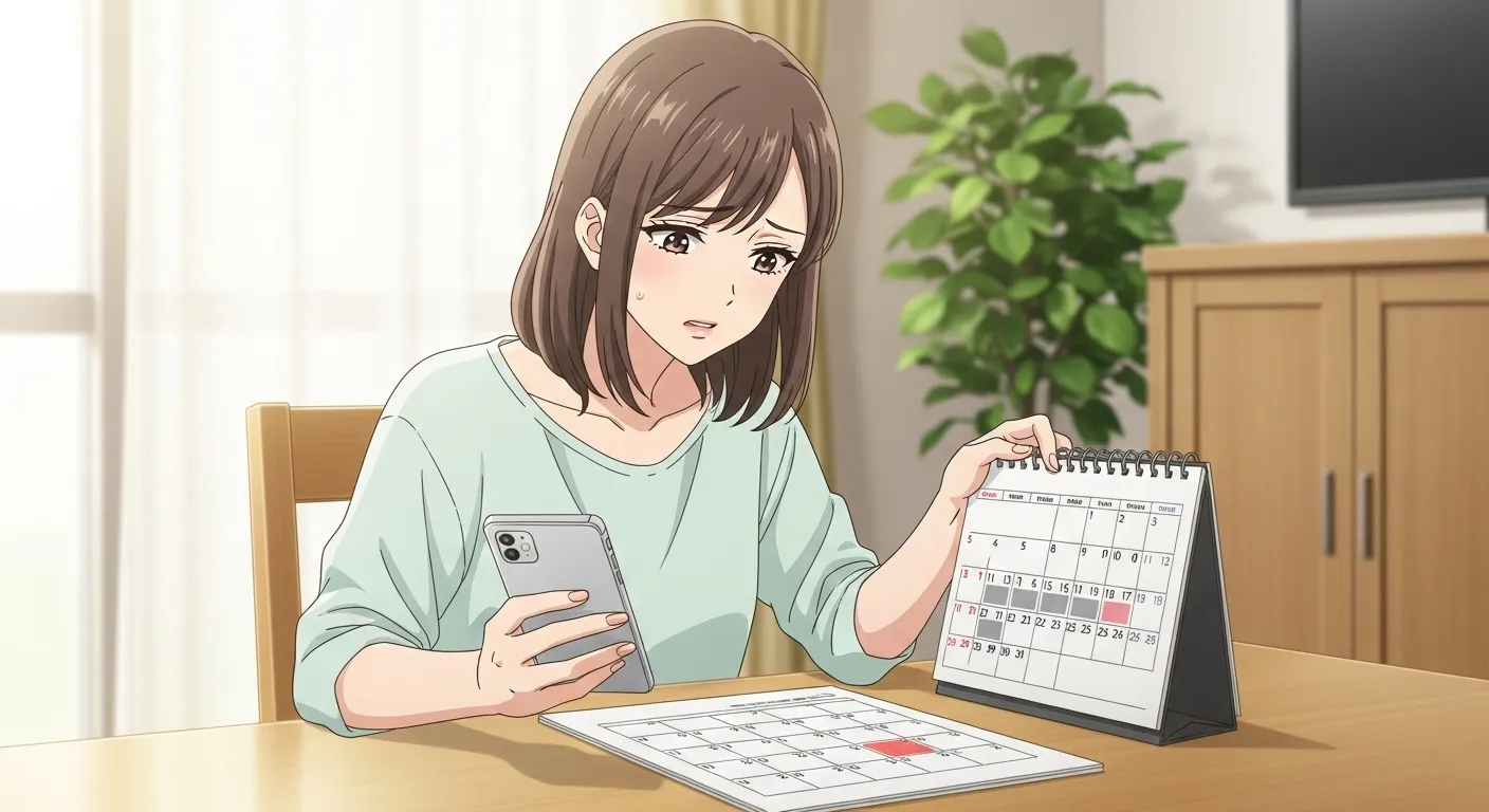 スマートフォンとカレンダーを見ながら会う日が決まらず悩む女性のイラスト