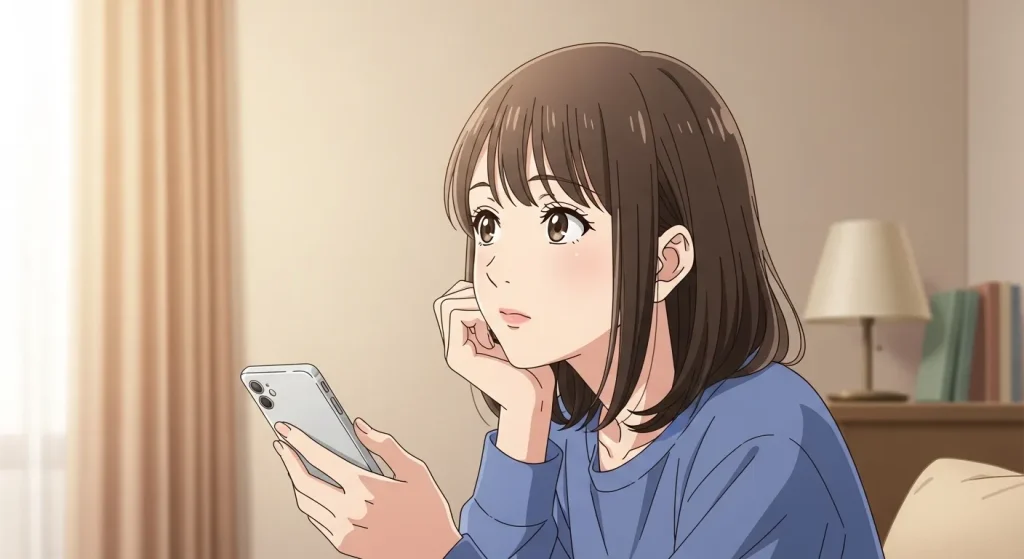 スマートフォンを見ながら誘ってくるのに日にちを決めない男性の本音を考える女性のイラスト