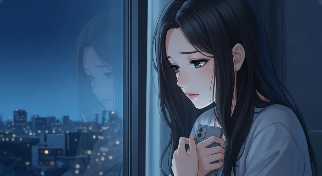 夜の窓辺でスマートフォンを握りながら返信がこない相手を思い悩む女性のアニメイラスト