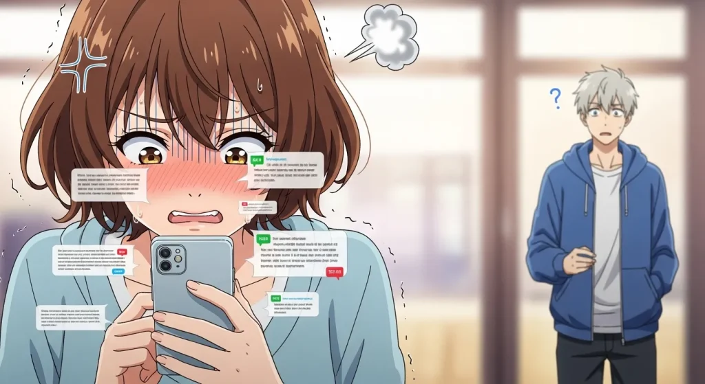 喧嘩後に連絡がこない不安から追いLINEしてしまう女性のイラスト