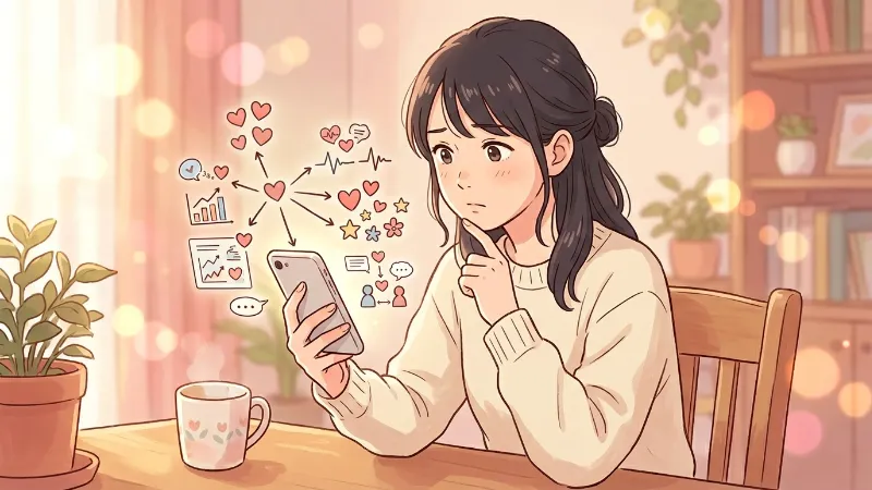 恋愛記号の意味をスマートフォンで調べながら考える女性のイラスト