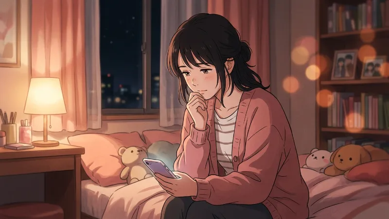 会いたい気持ちを抱えながらスマートフォンを見る女性のイラスト