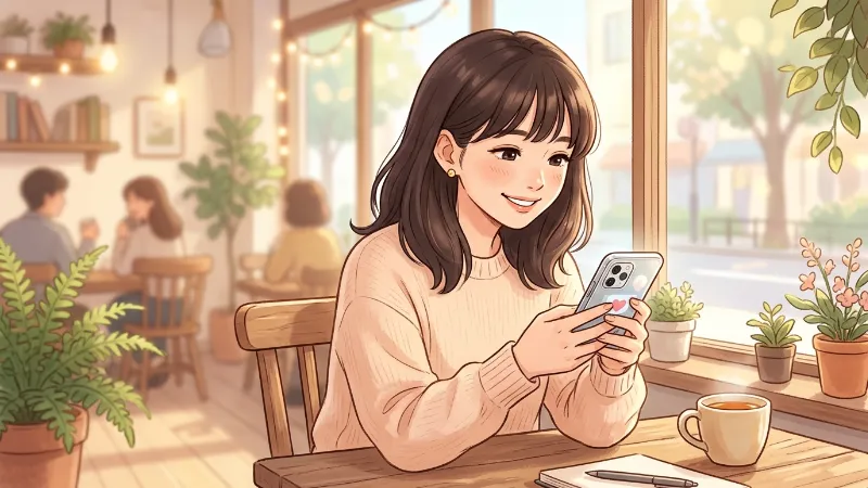 恋愛の悩みが少し解消されスマートフォンを見ながら安心する女性のイラスト