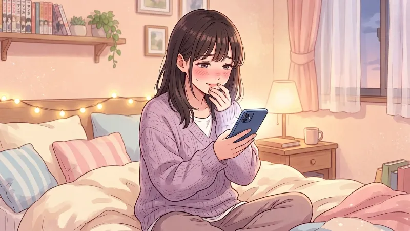スマートフォンを見ながら恋愛について考える女性のイラスト