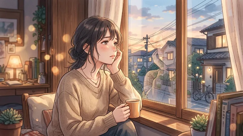 会いたい気持ちを抱えながら窓の外を見つめる女性のイラスト