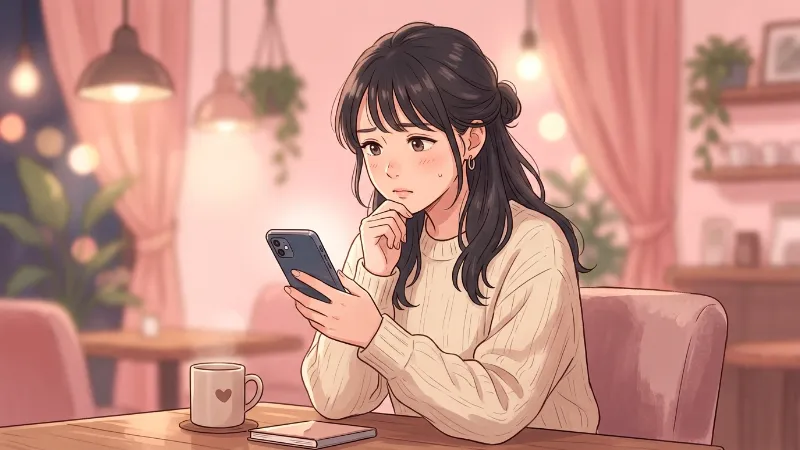 スマートフォンを見ながら相手の気持ちを考える女性のイラスト