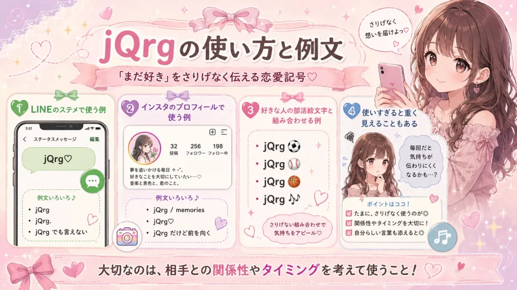 jQrgの使い方と例文をLINEステメやインスタプロフィール、絵文字の組み合わせで解説するアニメ風図解イラスト
