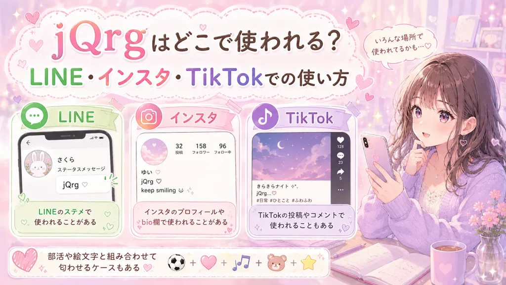 jQrgがLINEのステメやインスタのプロフィール、TikTokの投稿で使われる場面を解説するアニメ風図解イラスト