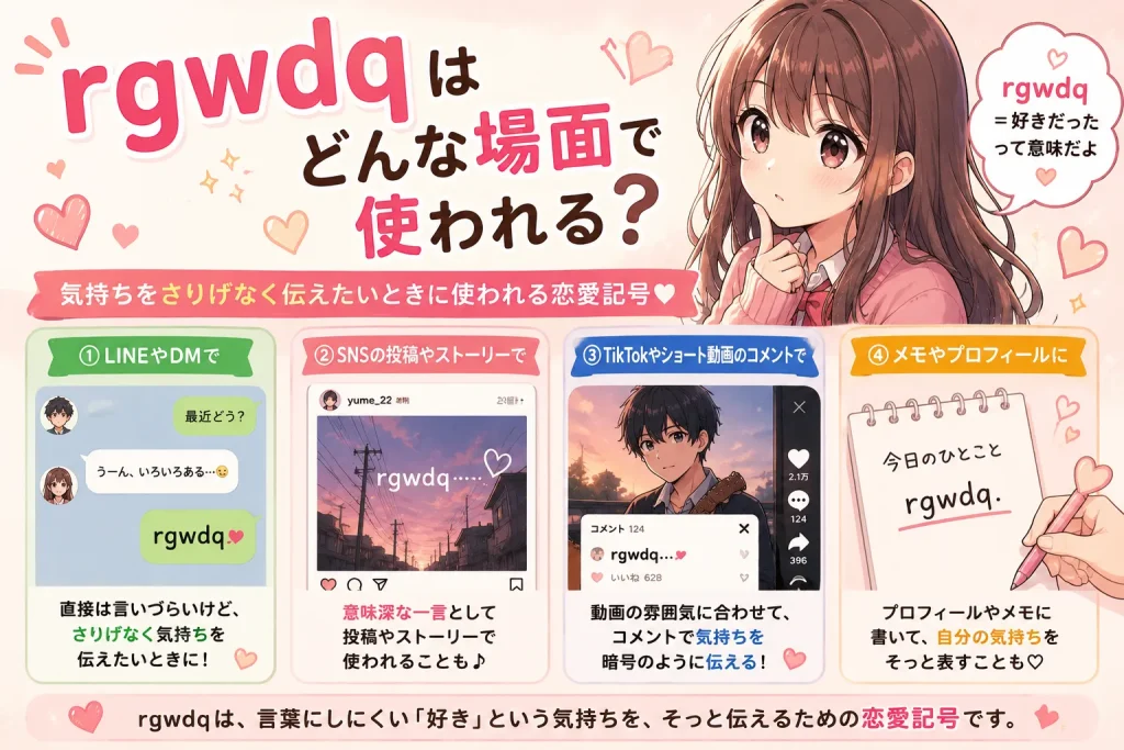 rgwdqがどんな場面で使われるのかを紹介する恋愛記号のアニメイラスト。LINEやSNS、TikTokなどで使われるシーンを解説