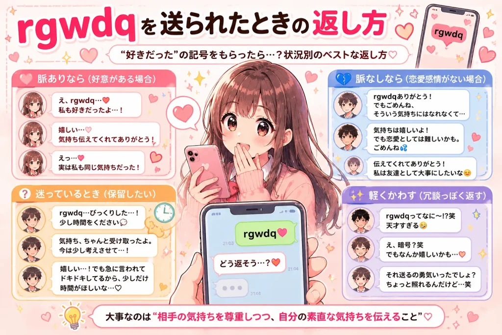 rgwdqを送られたときの返し方を紹介する恋愛記号のアニメイラスト。脈あり・脈なし別の返信例を解説