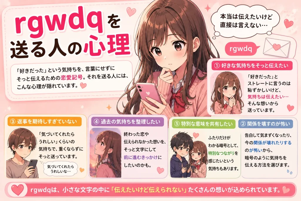 rgwdqを送る人の心理を解説する恋愛記号のアニメイラスト。好きな気持ちを遠回しに伝えたい人の本音を紹介