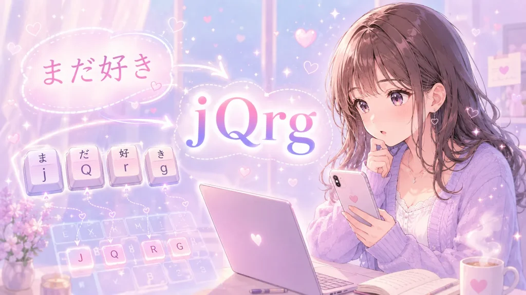 jQrgがまだ好きという意味になる変換方法をキーボード入力で解説するアニメイラスト
