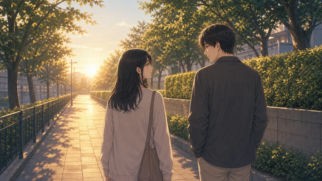 サバサバ彼女と男性が朝の道を並んで歩くイラスト