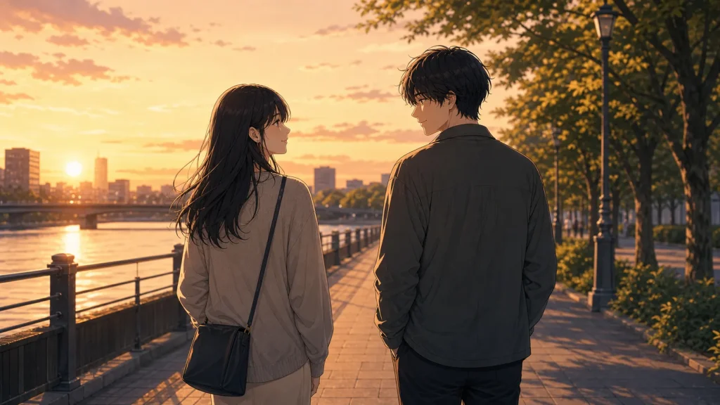 サバサバ彼女と男性が夕暮れに並んで歩くイラスト