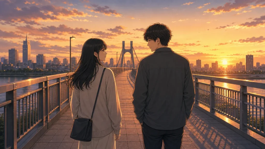 サバサバ彼女と男性が夕暮れの橋を並んで歩くイラスト