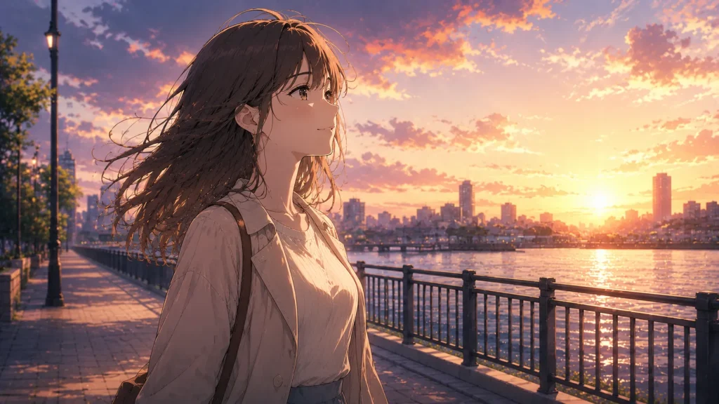 夕焼けの川沿いを前向きに歩く女性のアニメイラスト