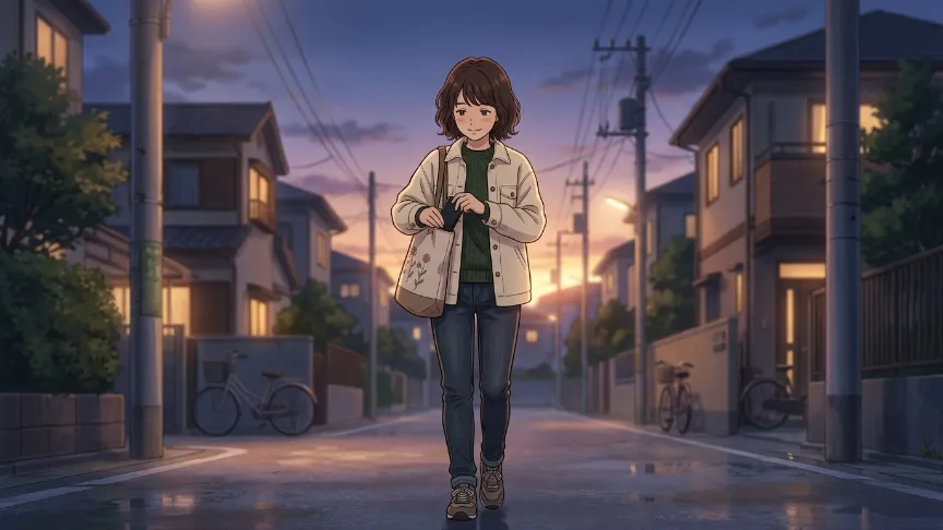 恋愛に振り回されず前向きに歩き出す女性を描いた夕暮れのイラスト