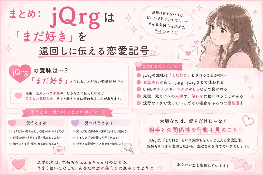 jQrgはまだ好きを遠回しに伝える恋愛記号であることをまとめたピンク系の図解イラスト