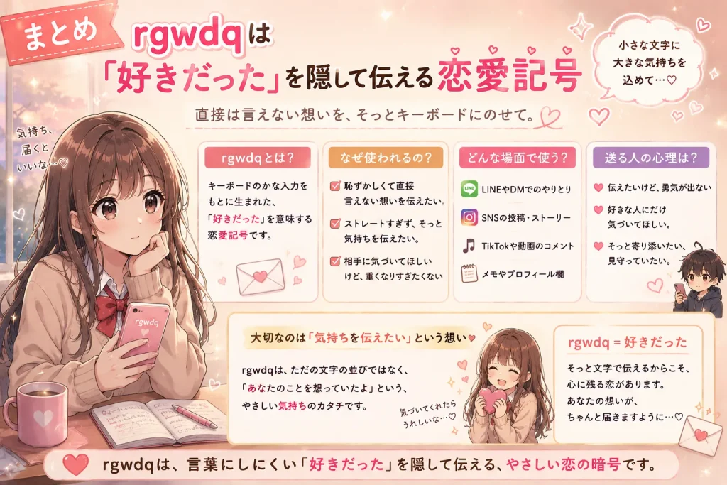 rgwdqは『好きだった』を隠して伝える恋愛記号だとまとめたアニメイラスト。恋愛暗号の意味や心理をやさしく解説