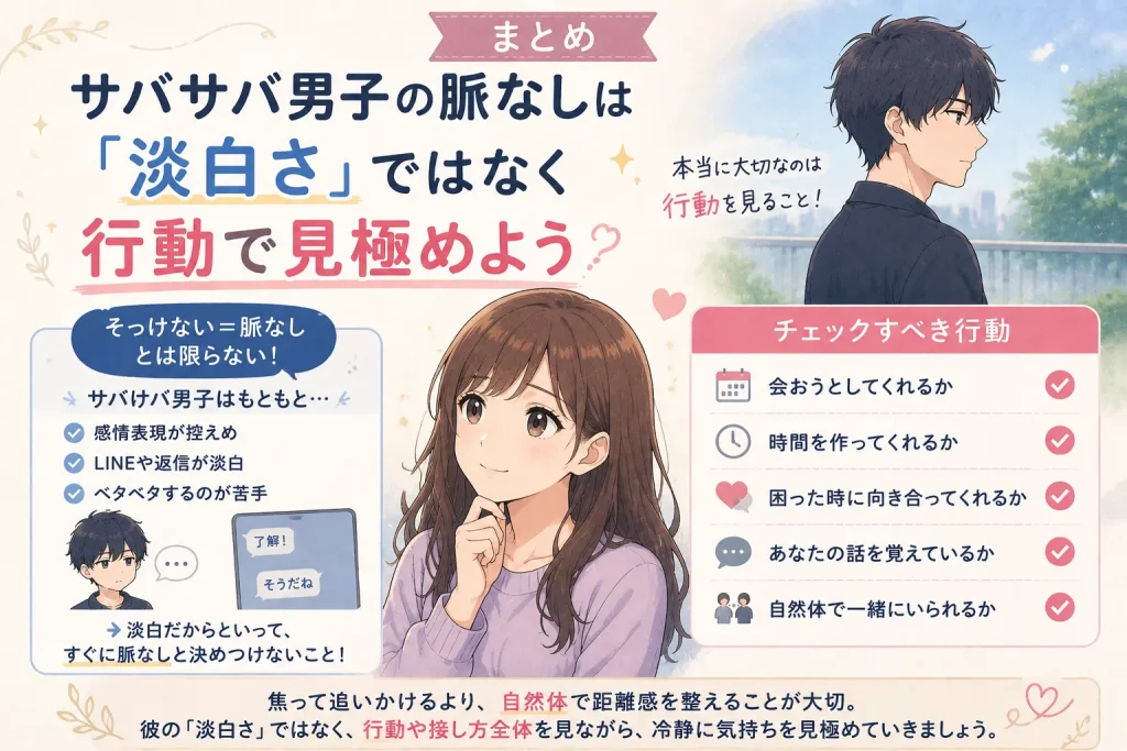サバサバ男子の脈なしは淡白さではなく行動で見極めるポイントをまとめたイラスト