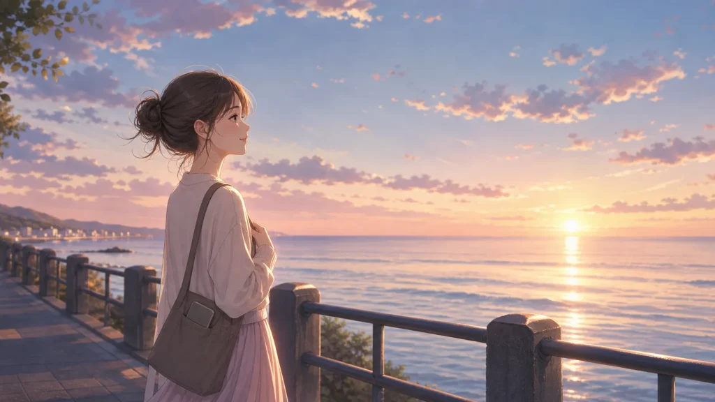スマホをしまい、朝日の海を見つめながら前向きに歩き出す女性のイラスト
