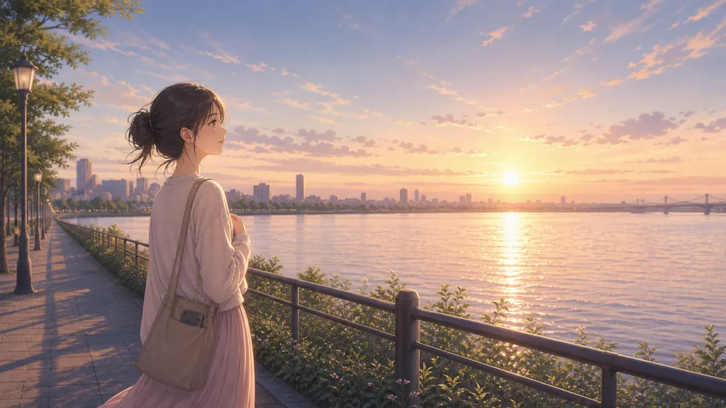 スマホをしまい、朝日の川沿いを前向きに歩く女性のイラスト
