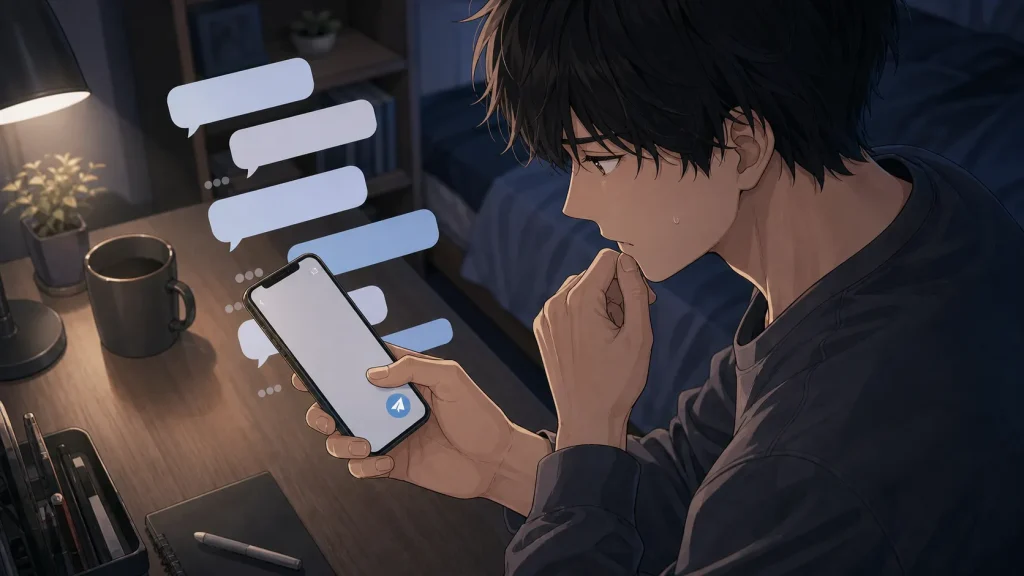 サバサバ彼女に追いLINEを送るか迷う男性のイラスト