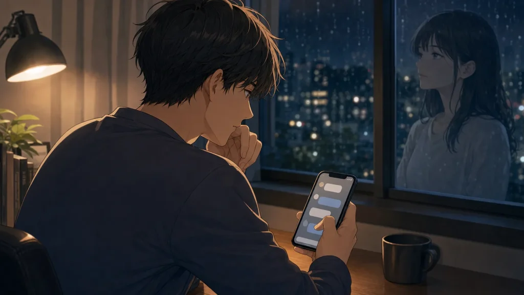 サバサバ彼女のLINEを見て好きかわからないと不安になる男性のイラスト