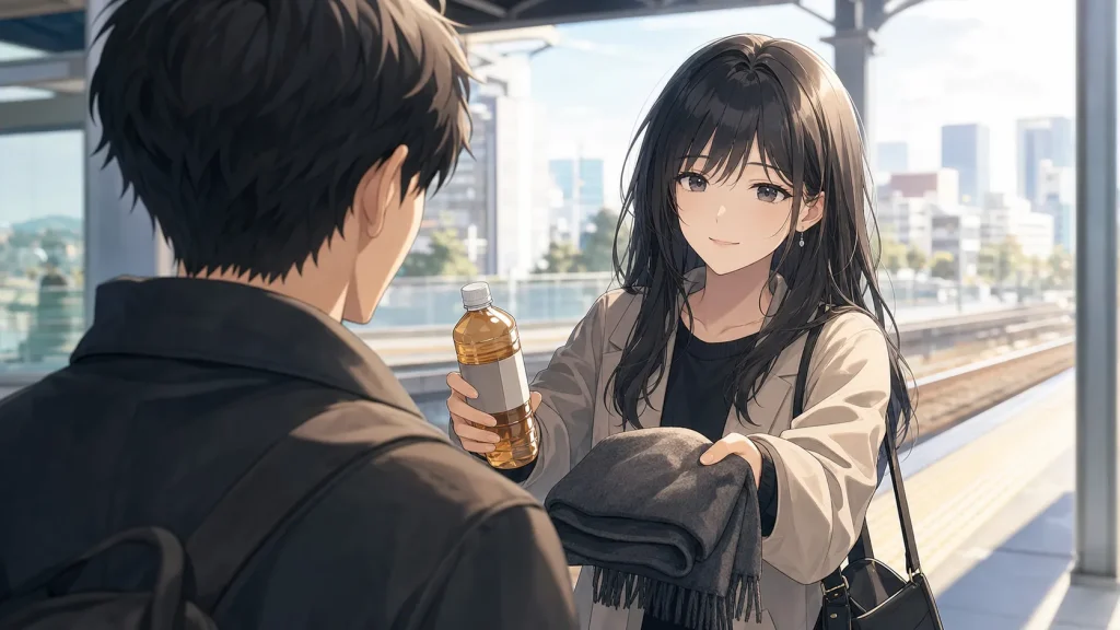 サバサバ彼女が好きな男性にさりげなく気遣いを見せるイラスト