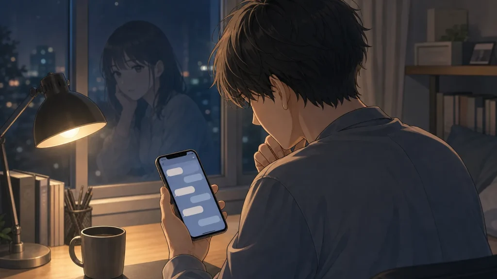 サバサバ彼女のそっけないLINEを見て不安になる男性のイラスト