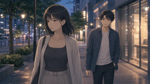 サバサバ彼女が急に冷たくなり不安そうに見つめる男性のイラスト