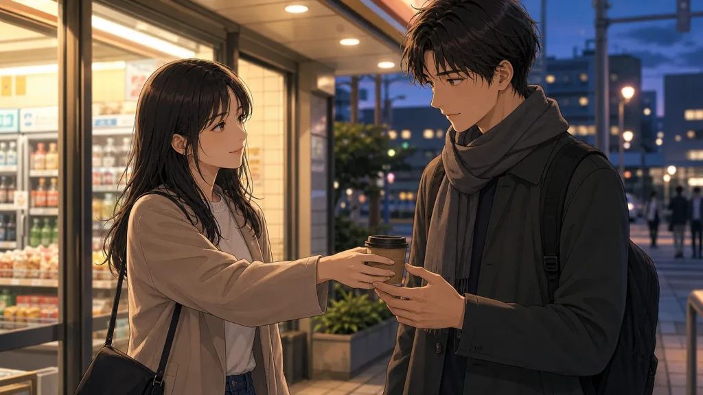 サバサバ彼女が好きな男性にさりげなく飲み物を渡すイラスト