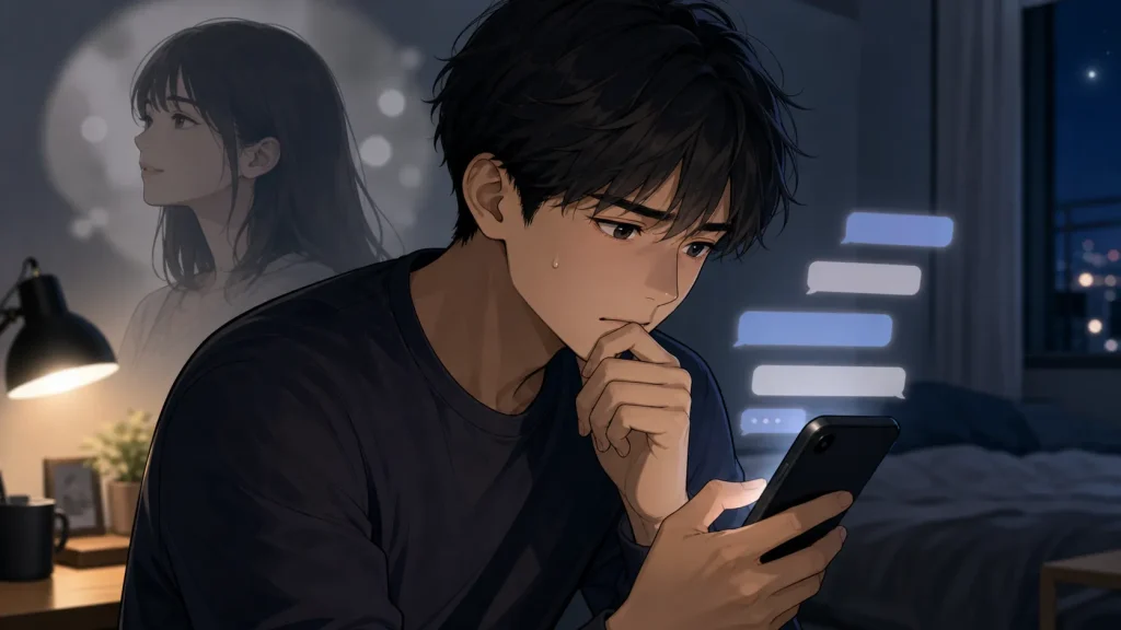 サバサバ彼女への追いLINEを迷う男性のイラスト