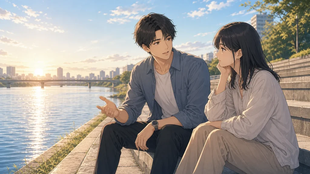 サバサバ彼女に不安な気持ちを落ち着いて伝える男性のイラスト