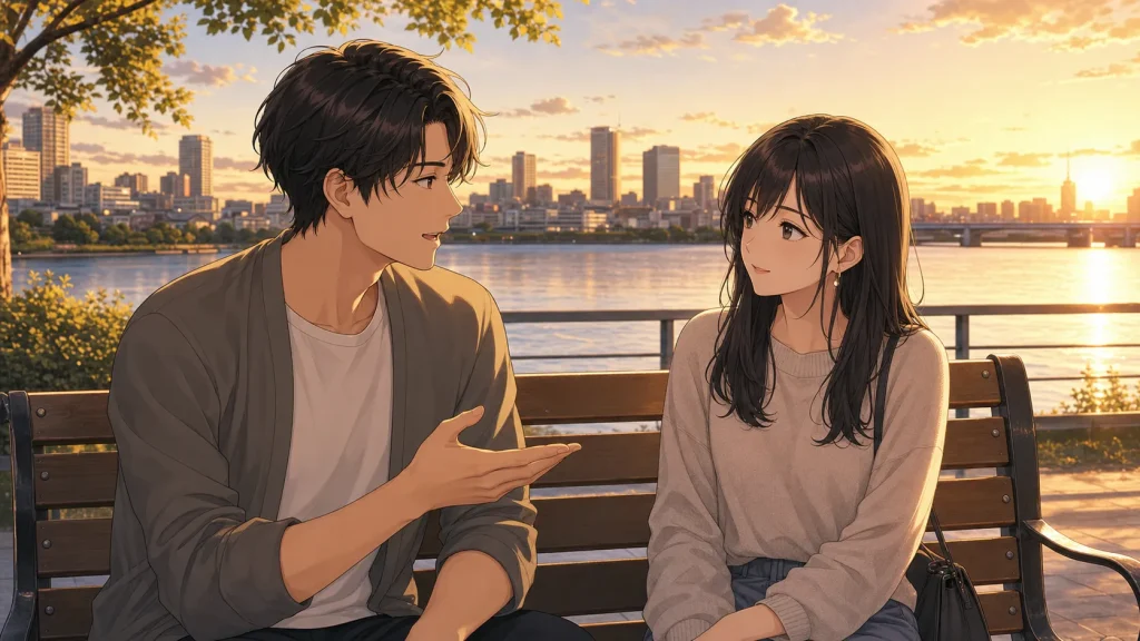 サバサバ彼女に不安を落ち着いて伝える男性のイラスト