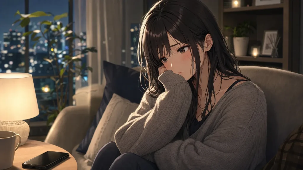 サバサバ彼女が素直に愛情表現できず照れているイラスト