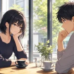 サバサバ彼女の愛情表現に悩む男性と落ち着いた女性がカフェで向き合うイラスト