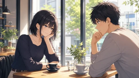サバサバ彼女の愛情表現に悩む男性と落ち着いた女性がカフェで向き合うイラスト