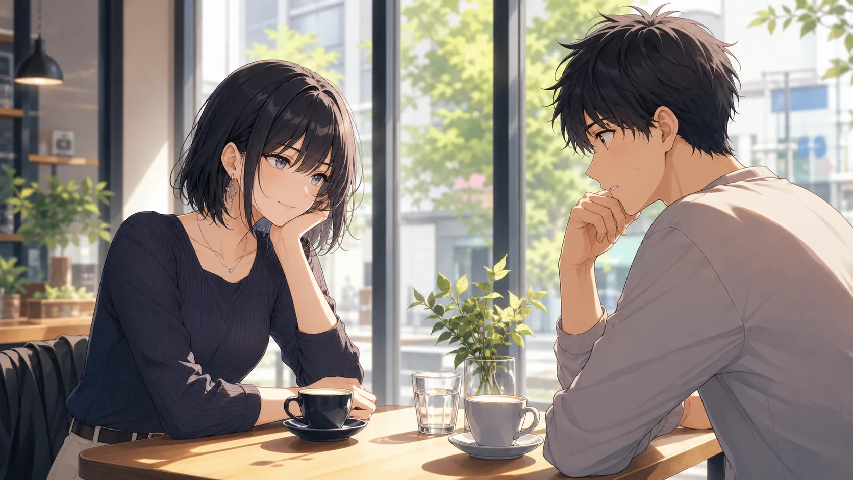 サバサバ彼女の愛情表現に悩む男性と落ち着いた女性がカフェで向き合うイラスト