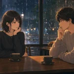 サバサバ彼女が好きかわからず不安な男性と落ち着いた女性がカフェで向き合うイラスト