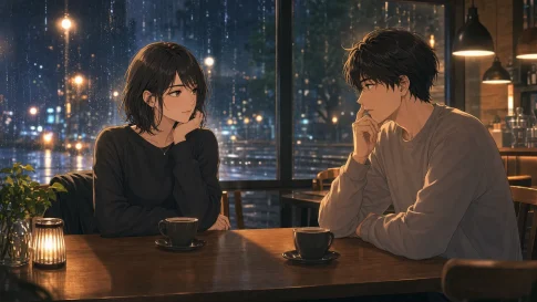 サバサバ彼女が好きかわからず不安な男性と落ち着いた女性がカフェで向き合うイラスト