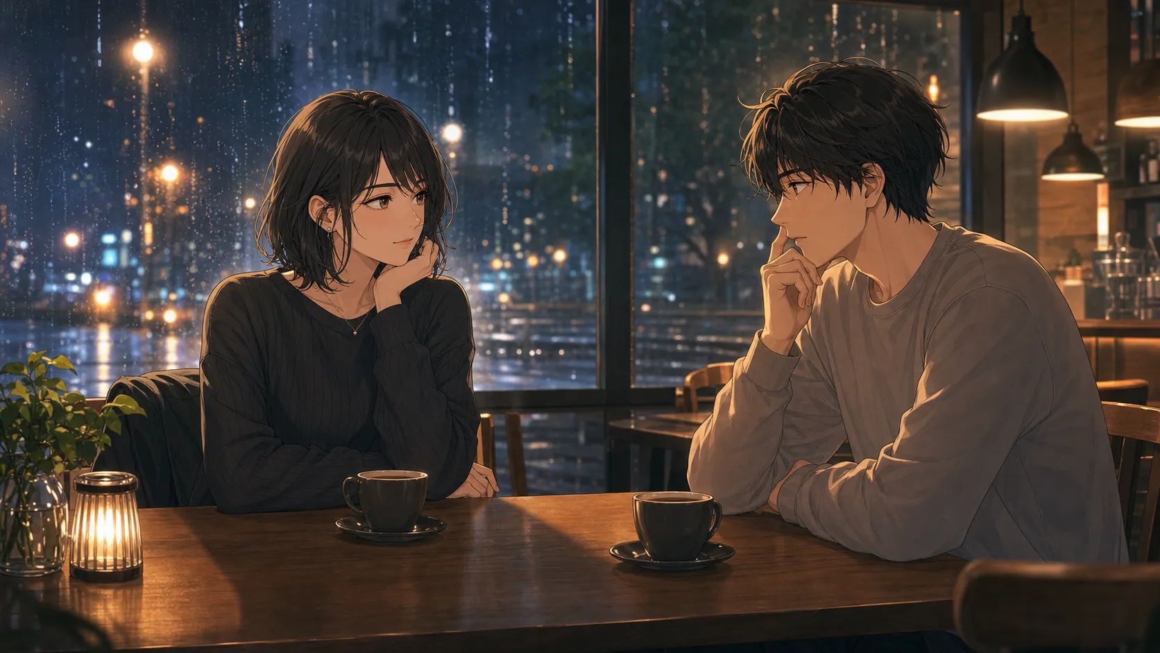 サバサバ彼女が好きかわからず不安な男性と落ち着いた女性がカフェで向き合うイラスト
