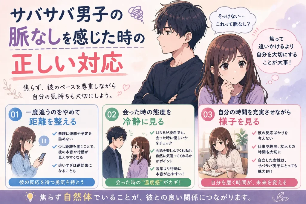 サバサバ男子の脈なしを感じた時の正しい対応方法を解説したイラスト