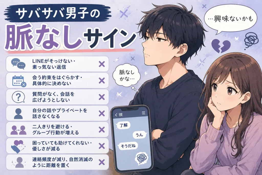 サバサバ男子の脈なしサインやLINE・会話・距離感の特徴を解説したイラスト