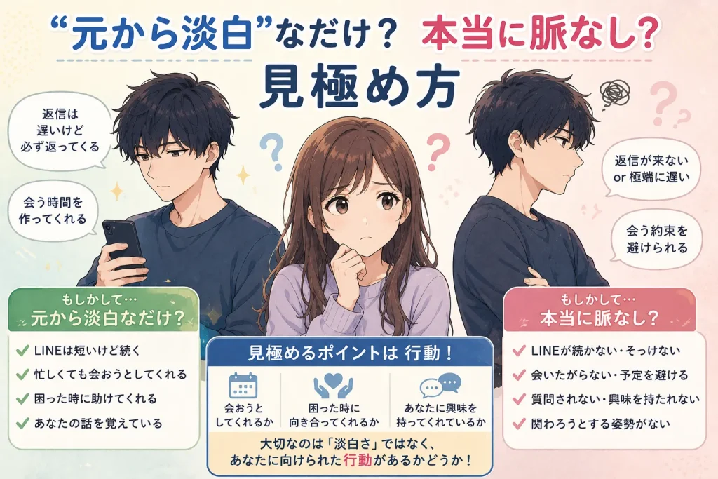 サバサバ男子が元から淡白なだけか本当に脈なしかを見極めるポイントを解説したイラスト